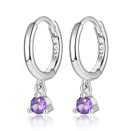 Rhodium Plated Platinum 925 Sterling Silver Hoop Earrings, with Cubic Zirconia Diamond Charms, with S925 Stamp, Medium Purple, 17mm(MN0975-09)