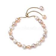 Dyed Natural Pearl & Brass Round Beaded Slider Bracelet, Adjustable Bracelet with Golden 304 Stainless Steel Box Chains for Women, PeachPuff, Inner Diameter: 1-3/4~3 inch(4.5~7.5cm)(BJEW-JB09008-02)