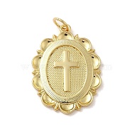 Brass Pendants, with Jump Ring, Oval with Cross, Real 14K Gold Plated, 25x18x2.5mm, Hole: 3.2mm(KK-E091-04G)