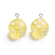 Transparent Resin Pendants, with Platinum Plated Iron Loops, Dice, Yellow, 23.5x19x19mm, Hole: 2mm(RESI-CJC0001-58A)
