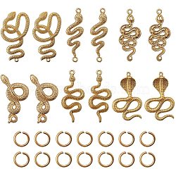 26Pcs 7 Style Rack Plating Alloy Big Pendants, with 304 Stainless Steel Open Jump Rings, Snake, Light Gold, 30.5~43x14~32.5x2.5~4.5mm, Hole: 1.8~2mm(FIND-SZ0001-09)