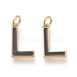 Brass Enamel Pendants, with Jump Ring, Long-Lasting Plated, Real 18K Gold Plated, Letter.L, Black, Letter.L, L: 17.5x10x1.8mm, Jump Rings: Inner Diameter: 3mm(KK-R139-03L)