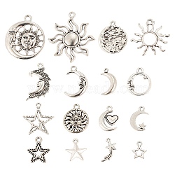 96Pcs Moon & Sun & Geometry Tibetan Style Alloy Pendants, Celestial Pendants, Antique Silver, 18x10.5x4mm, Hole: 1mm, 6Pcs/Style, 96Pcs/Box(TIBEP-LS0001-09)