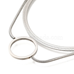 201 Stainless Steel Double Layer Snake Chain Necklaces, Ring Pendant Necklaces, Stainless Steel Color, 14.84 inch(37.7cm)(STAS-B076-06P)