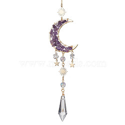 Natural Amethyst & Quartz Crystal Chip Pendant Decorations with Brass Moon & Cable Chain, Faceted Glass Crystal Bullet Prism Suncatchers, 325mm(HJEW-JM01645)