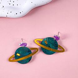 Planet Acrylic Dangle Stud Earrings, Platinum, Dark Cyan, 60x51mm(FS-WG64C67-01)
