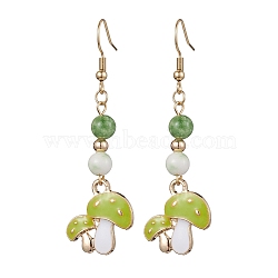 Real 18K Gold Plated Alloy Enamel Dangle Earrings, with Natural Dyed White Jade Round Beaded, Mushroom, 60x18mm(EJEW-JE05667-03)
