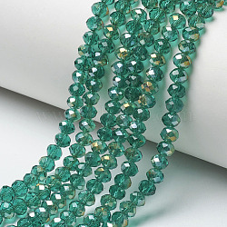 Electroplate Transparent Glass Beads Strands, Half Rainbow Plated, Faceted, Rondelle, Medium Sea Green, 8x6mm, Hole: 1mm, about 65~68pcs/strand, 15.7~16.1 inch(40~41cm)(EGLA-A034-T8mm-H19)