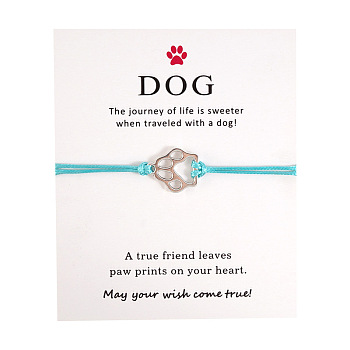 Alloy Dog Paw Print Link Bracelet, Waxed Cord Adjustable Bracelet for Women, Silver, 6-1/4~11-3/4 inch(16~30cm)