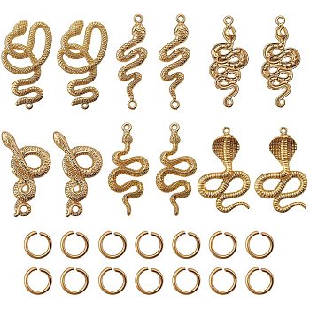 26Pcs 7 Style Rack Plating Alloy Big Pendants, with 304 Stainless Steel Open Jump Rings, Snake, Light Gold, 30.5~43x14~32.5x2.5~4.5mm, Hole: 1.8~2mm