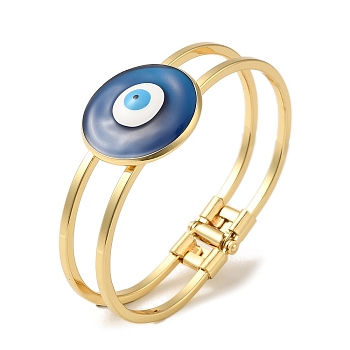 Rack Plating Brass Enamel Evil Eye Hollow Bangles for Women, Real 18K Gold Plated, Long-Lasting Plated, Lead Free & Cadmium Free, Medium Blue, Inner Diameter: 2-1/2x1-3/4 inch(6.2x4.4cm)