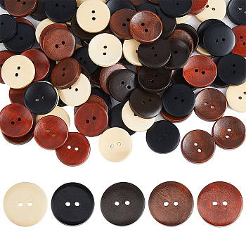 100Pcs 5 Colors 2-Hole Pearwood Buttons, Flat Round, Mixed Color, 25x4.5mm, Hole: 2.5mm, 20pcs/color