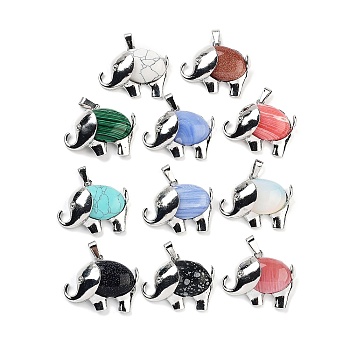 Synthetic Mixed Stone Pendants, Elephant Charms with Alloy Findings, Platinum, 29x37~37.5x9.5~10mm, Hole: 3x9mm