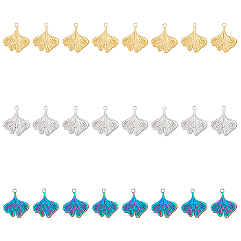 24Pcs 3 Colors 201 Stainless Steel Pendants Ion Plating(IP), Ginkgo Leaf, Mixed Color, 27x23x2mm, Hole: 3mm, 8pcs/color