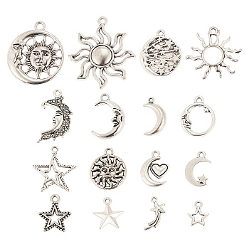 96Pcs Moon & Sun & Geometry Tibetan Style Alloy Pendants, Celestial Pendants, Antique Silver, 18x10.5x4mm, Hole: 1mm, 6Pcs/Style, 96Pcs/Box