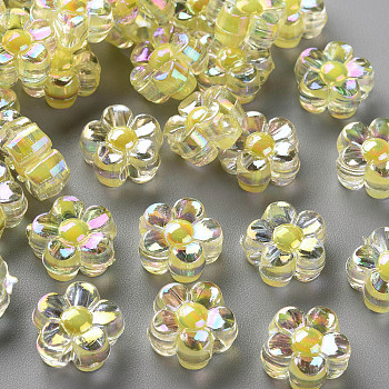 Transparent Acrylic Beads, Bead in Bead, AB Color, Flower, Yellow, 12x12.5x6mm, Hole: 2.5mm, about 893pcs/500g