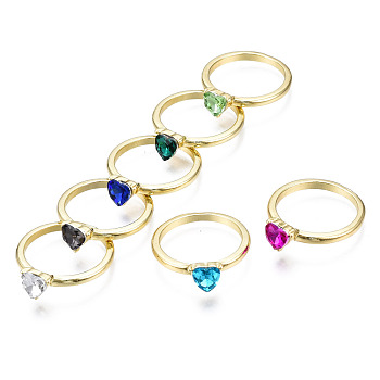 Rack Plating Alloy Cubic Zirconia Finger Rings, Cadmium Free & Lead Free, Heart, Light Gold, Mixed Color, US Size 7 1/2(17.7mm)