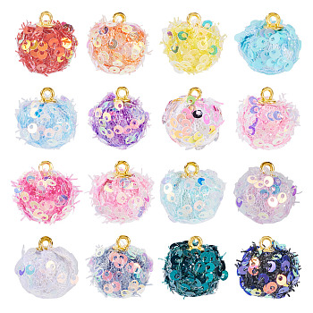 32Pcs 16 Colors Cloth Pendants, with Paillette and Golden Tone Alloy Findings, Round, Golden, Mixed Color, 16.5x15mm, Hole: 1.8mm, 2pcs/color