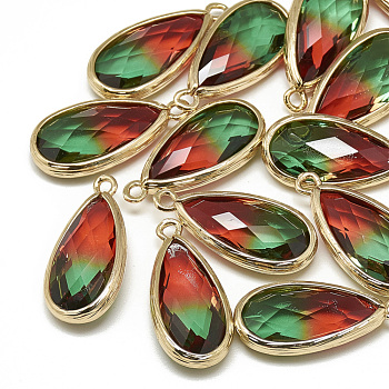 Glass Pendants, with Golden Tone Brass Findings, Faceted, teardrop, Green, 25x12x5.5mm, Hole: 1.5mm