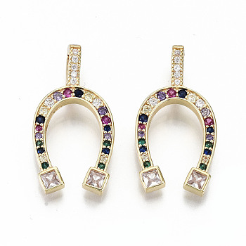 Brass Micro Pave Colorful Cubic Zirconia Pendants, Nickel Free, Horseshoe Shape, Real 16K Gold Plated, 30x15x2.5mm, Hole: 3.5x5mm