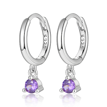 Rhodium Plated Platinum 925 Sterling Silver Hoop Earrings, with Cubic Zirconia Diamond Charms, with S925 Stamp, Medium Purple, 17mm