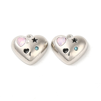 Alloy Micro Pave Cubic Zirconia Pendants, with Rhinestone and Enamel, Heart, Pink, 15x17x6mm, Hole: 1.2mm
