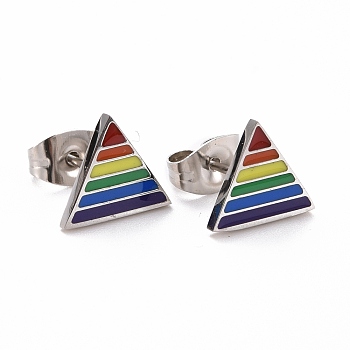 Pride Style 201 Stainless Steel Stud Earrings, with Enamel and Alloy Ear Nuts, Triangle, Colorful, Stainless Steel Color, 8x9.5mm, Pin: 0.7mm