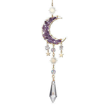 Natural Amethyst & Quartz Crystal Chip Pendant Decorations with Brass Moon & Cable Chain, Faceted Glass Crystal Bullet Prism Suncatchers, 325mm