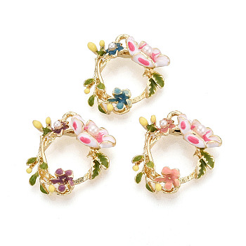 Rack Plating Alloy Enamel and ABS Imitation Pearl and Rhinestone Pendants, Flower Charms, Golden, Cadmium Free & Nickel Free & Lead Free, Mixed Color, 23x21.5x6.5mm, Hole: 2mm