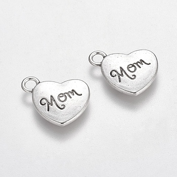 Mother's Day Theme, Tibetan Style Heart Alloy Pendants, with Word Mom, Cadmium Free & Lead Free, Antique Silver, 18x15x3mm, Hole: 3mm, about 208pcs/500g