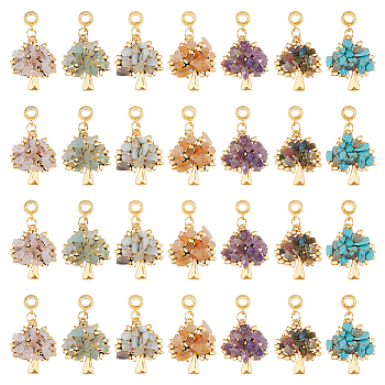 28Pcs 7 Styles Tibetan Style Alloy Gemstone Chip European Dangle Charms, Large Hole Tree Pendant, Antique Golden, 40mm, Pendant: 28mm, 4pcs/style