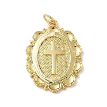 Brass Pendants, with Jump Ring, Oval with Cross, Real 14K Gold Plated, 25x18x2.5mm, Hole: 3.2mm