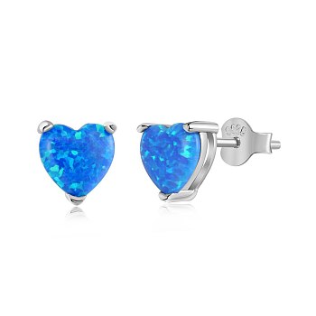 Rhodium Plated 925 Sterling Silver Opal Stud Earrings for Women, with S925 Stamp, Real Platinum Plated, Heart, Dodger Blue, 6x6.7mm