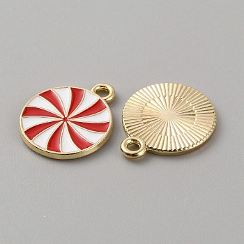 Christmas Themed Alloy Enamel Pendants, Golden, Flat Round with Vortex Pattern, White, 18x15x1.3mm, Hole: 1.6mm