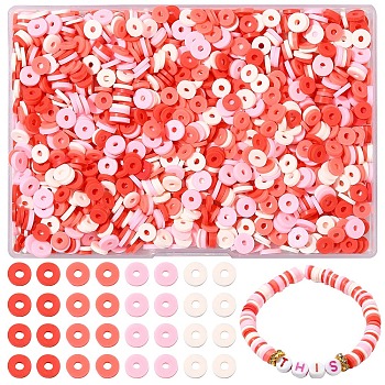 1880Pcs 4 Colors Handmade Polymer Clay Beads, Disc/Flat Round, Heishi Beads, Pink, 6x1mm, Hole: 2mm, 470pcs/color