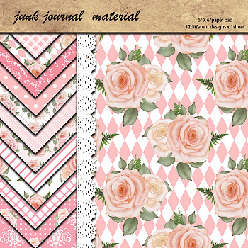12 Sheets Flower Scrapbook Paper Pads, for DIY Album Scrapbooks, Greeting Card, Background Paper, Pink, 152x152mm