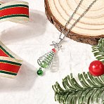 Aluminum & Green Glass Silver Christmas Tree Pendant 304 Stainless Steel Cable Chain Necklaces, Stainless Steel Color, 17.91 inch(45.5cm)(NJEW-JN05423)