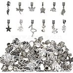 48Pcs 12 Styles Tibetan Style Alloy European Dangle Charms, Large Hole Pendants, Butterfly & Elephant & Owl, Mixed Shapes, Antique Silver, 21~30mm, Pendant: 10~30x8.5~21x1.5~5mm, Hole: 4.5~6mm, 4pcs/style(FIND-CA0005-67)