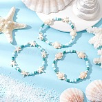 3Pcs Dyed Synthetic Turquoise & Natural Howlite Beads Bracelets for Women, Turtle & Starfish, with Silver Electroplate Non-magnetic Synthetic Hematite Beads, White, Inner Diameter: 2-1/8 inch(5.5cm)(BJEW-JB11794)