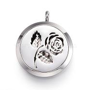 316 Surgical Stainless Steel Diffuser Locket Pendants, with Perfume Pad and Magnetic Clasps, Flat Round with Rose, Stainless Steel Color, 36.5~37x30x6~6.5mm, Hole: 5mm, Inner Diameter: 23mm, 12Color/Set(STAS-H342-55P)