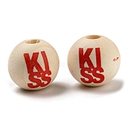 Printed Wood Beads, Valentine's Day Round Beads with Word Kiss, Undyed, BurlyWood, 16mm, Hole: 3~4.4mm(WOOD-A022-02)