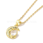 304 Stainless Steel Pendant Necklaces, Brass Micro Pave Clear Cubic Zirconia Pendant Necklaces, Moon, 17.40 inch(44.2cm) Pendant: 18x13mm(NJEW-U002-23G-02)