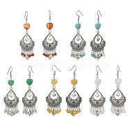 Natural & Synthetic Mixed Gemstone Heart Chandelier Earrings, Alloy Teardrop Earrings with 304 Stainless Steel Pins, 80x26mm(EJEW-JE05364)