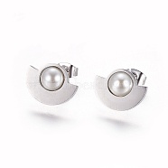 304 Stainless Steel Stud Earrings, with Acrylic Pearl Beads and Ear Nuts/Earring Back, Fan, Gainsboro, Stainless Steel Color, 11.5x15x2~4mm, Pin: 0.6mm, 6pairs/card(EJEW-F234-10P)