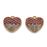 Brass Micro Pave Clear & Pink Cubic Zirconia Charms, Heart, Raw(Unplated), 11.5x12x3mm, Hole: 1.2mm(KK-O112-08C-02)