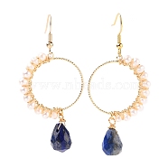 Faceted Teardrop Natural Lapis Lazuli Dangle Earrings, with Natural Pearl Beads and Brass Earring Hooks, Golden, 62mm, Pin: 0.8mm(EJEW-JE04385-01)