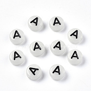 Acrylic Beads, with Enamel and Luminous, Horizontal Hole, Flat Round with Black Letter, Glow in the Dark, Light Grey, Letter.A, 7x3.5mm, Hole: 1.5mm, about 360~370pcs/50g(X-SACR-S273-29A)
