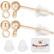 60Pcs Brass Stud Earrings Findings, Ball Stud Earring Post, with Horizontal Loops and 100Pcs Plastic Ear Nuts, Long-Lasting Plated, Nickel Free, Real 18K Gold Plated, 13mm, Hole: 1.2mm, Pin: 0.7mm(KK-BBC0004-99)