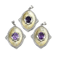 Rhombus Natural Amethyst Pendants, with Brass Findings and Cubic Zirconia, Rack Plating, 32.5x26x6.5mm, Hole: 3.5x4mm(G-C172-09GP)