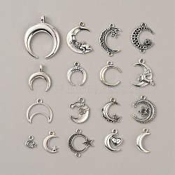 (Defective Closeout Sale: Yellowing) Tibetan Style Alloy Pendants Set, Moon, Antique Silver, 9.5~33.5x8~27.5x1~2.5mm, Hole: 1.6~3.5mm(FIND-XCP0002-26AS)